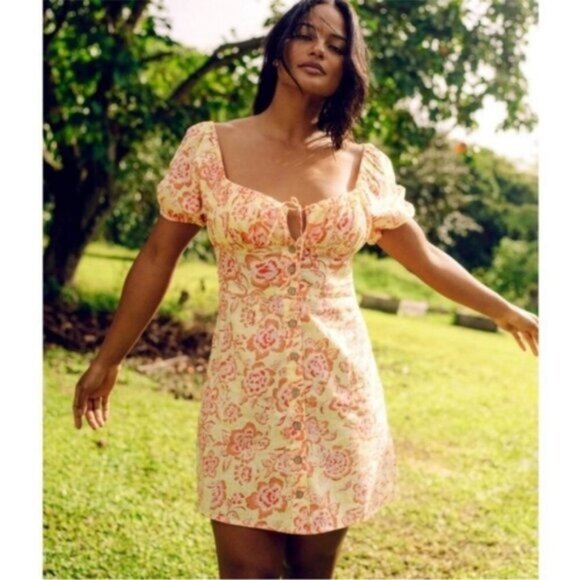 Billabong x Wrangler | Far Away Puff Sleeve Dress Yellow Floral Print New XS - Picture 1 of 7